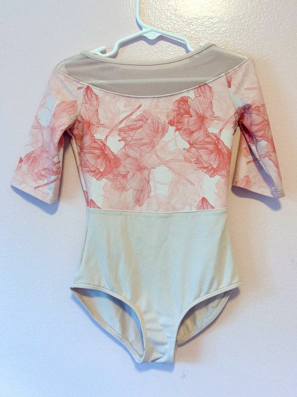 Mirella Pink Rose Print Sheer Detail Leotard Sz 6x/7